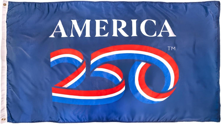 Flag with 'AMERICA' and 250 logo on a blue background