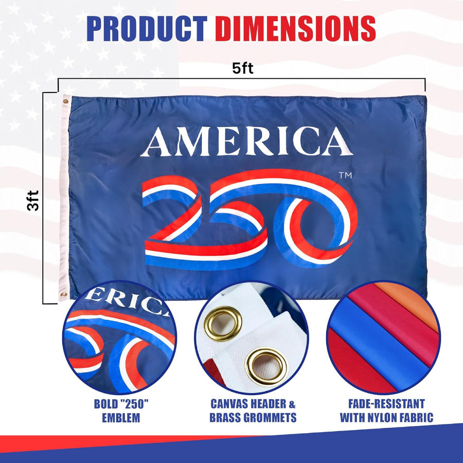 Flag with 'AMERICA 250' design and product dimensions on a white background