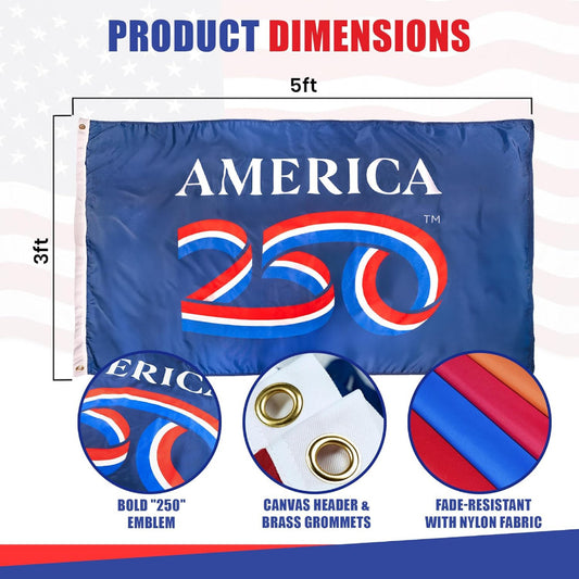 Flag with 'AMERICA 250' design and product dimensions on a white background