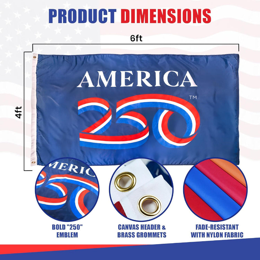 Flag with 'AMERICA 250' design and product dimensions on a white background
